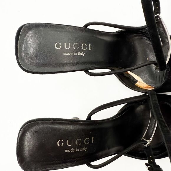 Gucci Black Suede Leather Strappy Heels Pointed Toe Size 7 - Picture 10 of 15